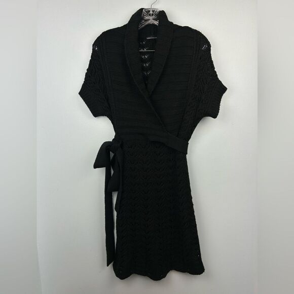 Moda International Crochet Knit Black Sweater Dress Tie Wrap Front Wool Sz S - Picture 1 of 13